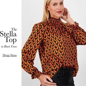 Tucker Stella Top in Black Vixen Silk Fox Print Smocked Mock Neck